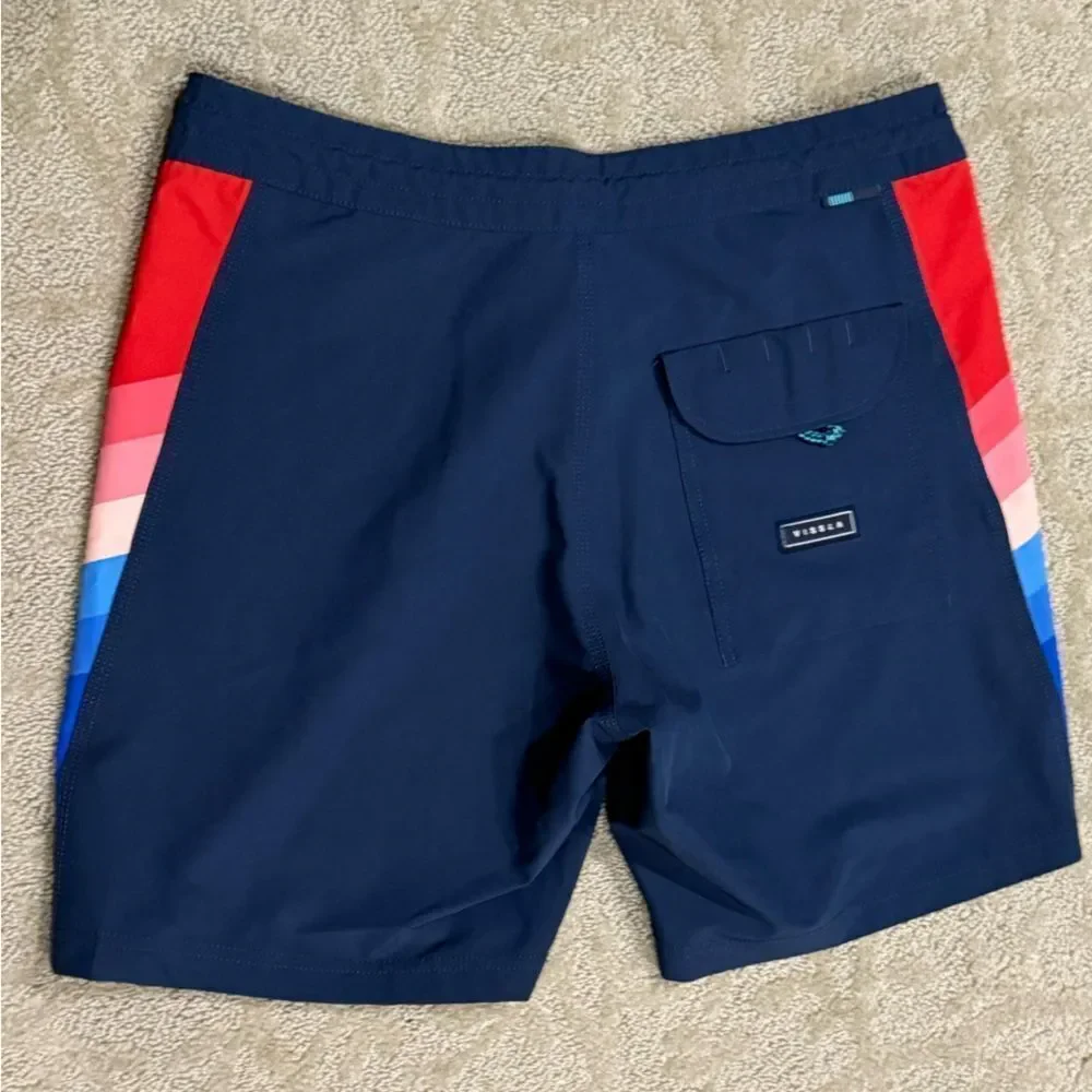VISSLA Men’s 31 Dark Blue Board Shorts with Red and Blue Rainbow Stripes